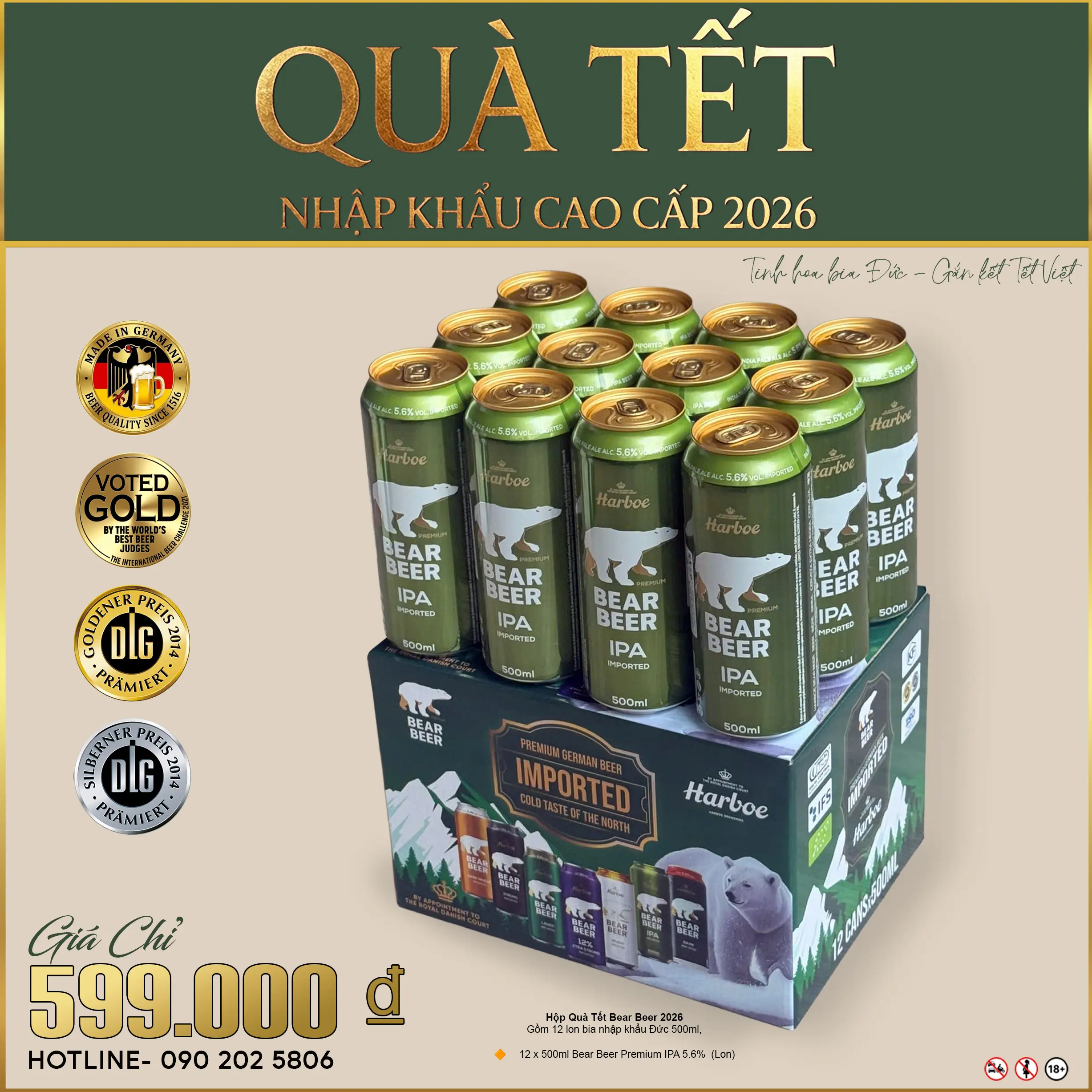 HỘP QUÀ TẾT BEAR BEER BIA ĐỨC NHẬP KHẨU IPA 5.6% 2026 – 12 LON