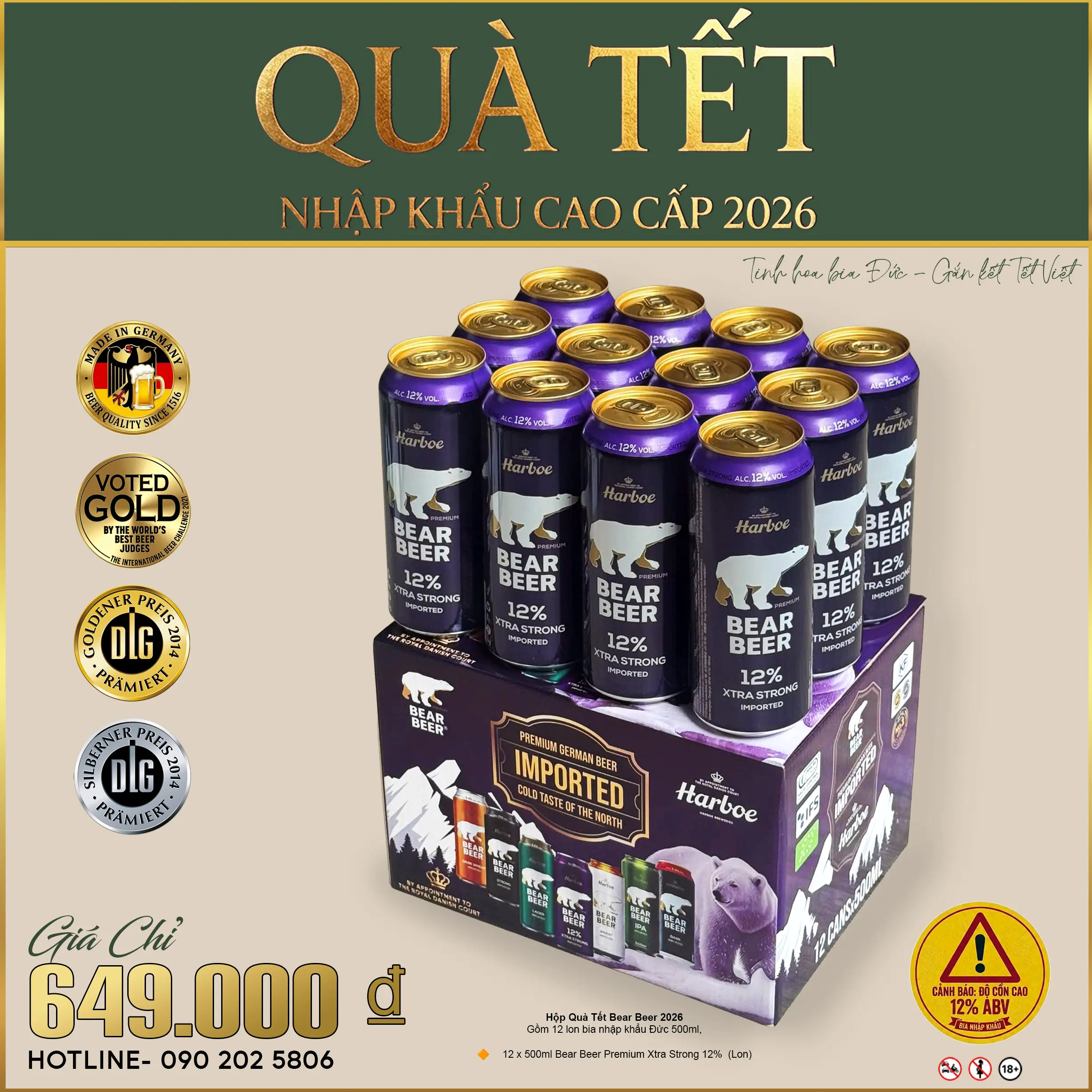 HỘP QUÀ TẾT BEAR BEER BIA ĐỨC NHẬP KHẨU XTRA STRONG 12% 2026 – 12 LON