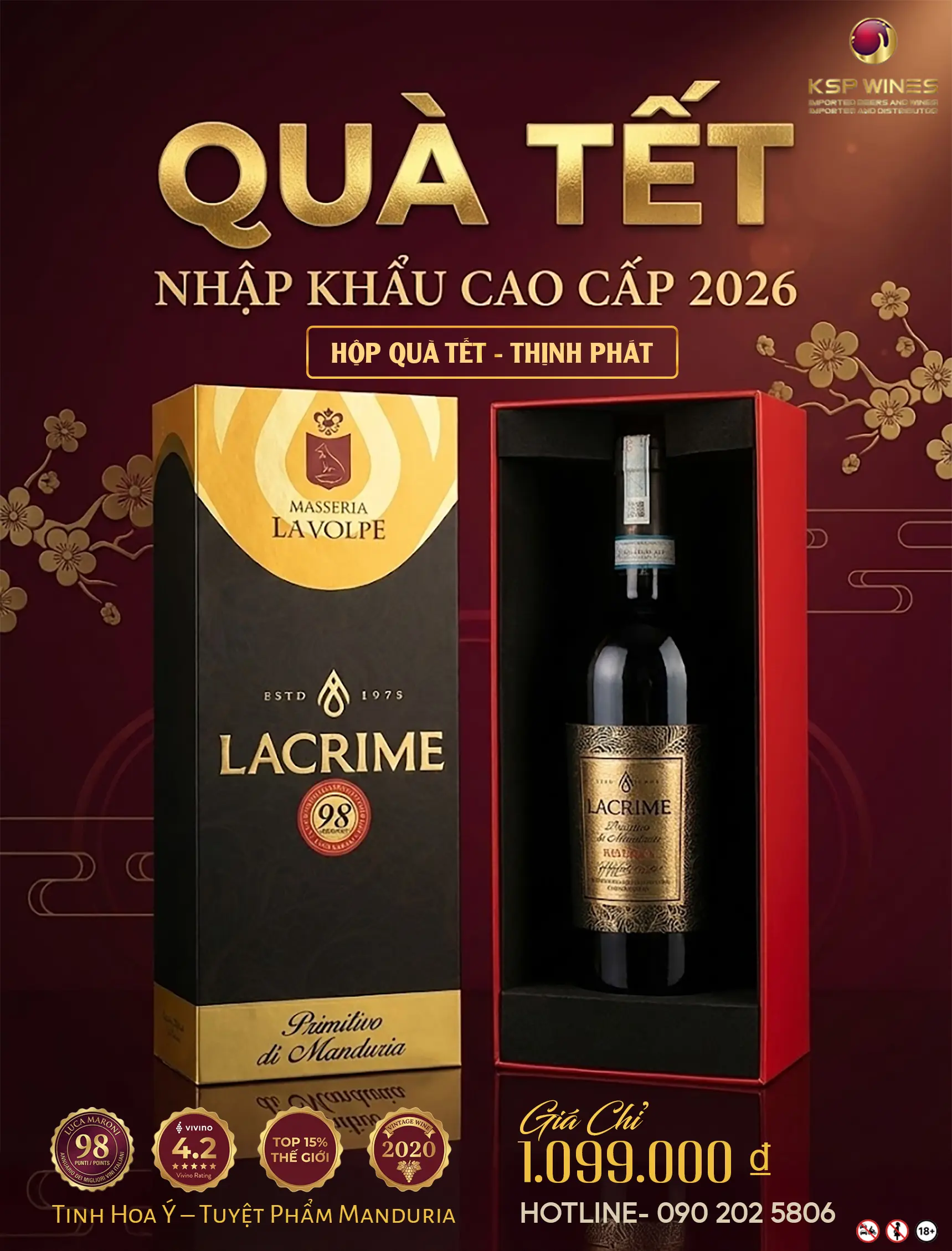 HỘP QUÀ TẾT 2026 THỊNH PHÁT – VANG Ý LACRIME PRIMITIVO DI MANDURIA DOC RISERVA 2020