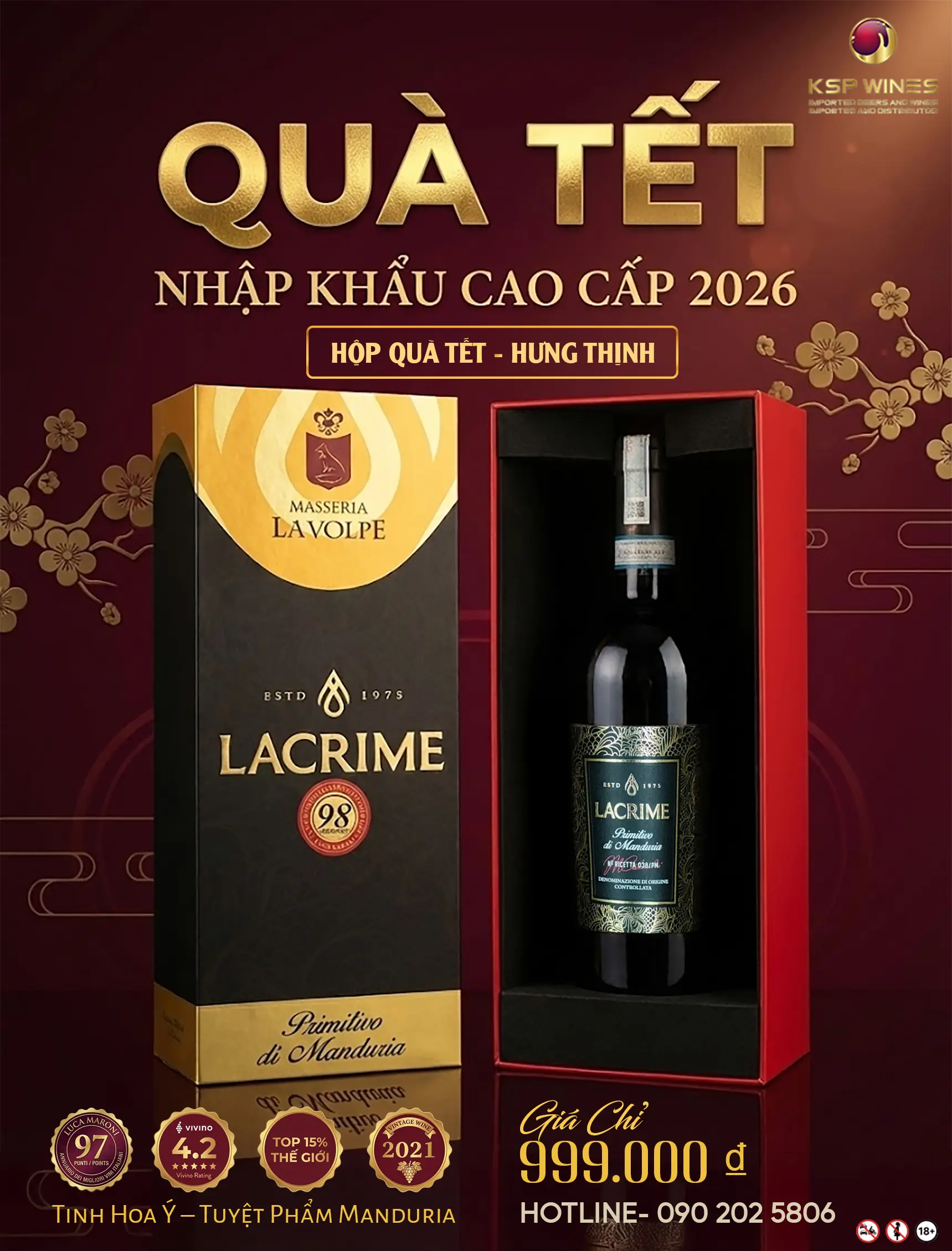 HỘP QUÀ TẾT 2026 HƯNG THỊNH – VANG Ý LACRIME PRIMITIVO DI MANDURIA DOC 2021