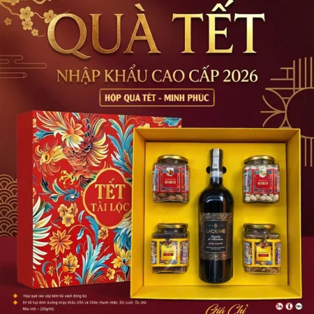 HỘP QUÀ TẾT 2026 MINH PHÚC – VANG Ý DOC & HẠT NHẬP KHẨU USA – CHILE | HỘP QUÀ SANG TRỌNG KÈM TÚI XÁCH
