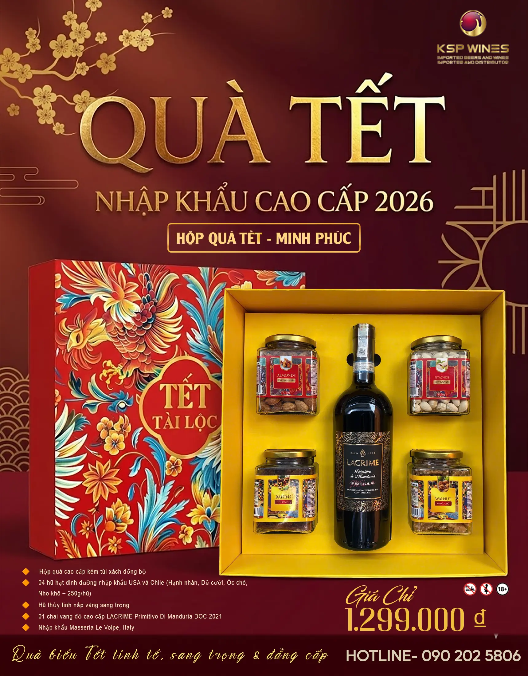 HỘP QUÀ TẾT 2026 MINH PHÚC – VANG Ý DOC & HẠT NHẬP KHẨU USA – CHILE | HỘP QUÀ SANG TRỌNG KÈM TÚI XÁCH