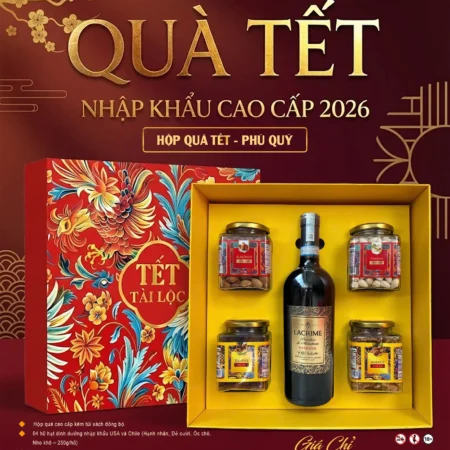 HỘP QUÀ TẾT 2026 PHÚ QUÝ – VANG Ý RISERVA DOC & HẠT NHẬP KHẨU USA – CHILE | HỘP QUÀ SANG TRỌNG KÈM TÚI XÁCH
