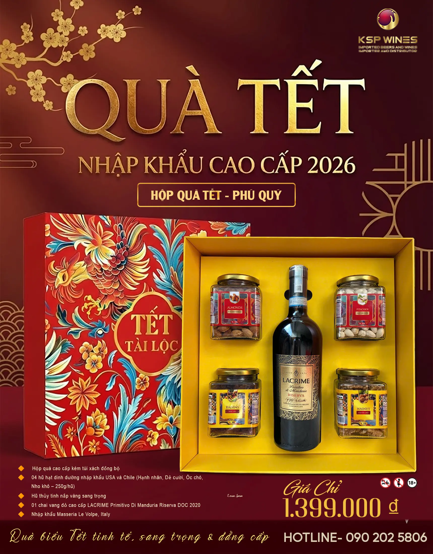 HỘP QUÀ TẾT 2026 PHÚ QUÝ – VANG Ý RISERVA DOC & HẠT NHẬP KHẨU USA – CHILE | HỘP QUÀ SANG TRỌNG KÈM TÚI XÁCH
